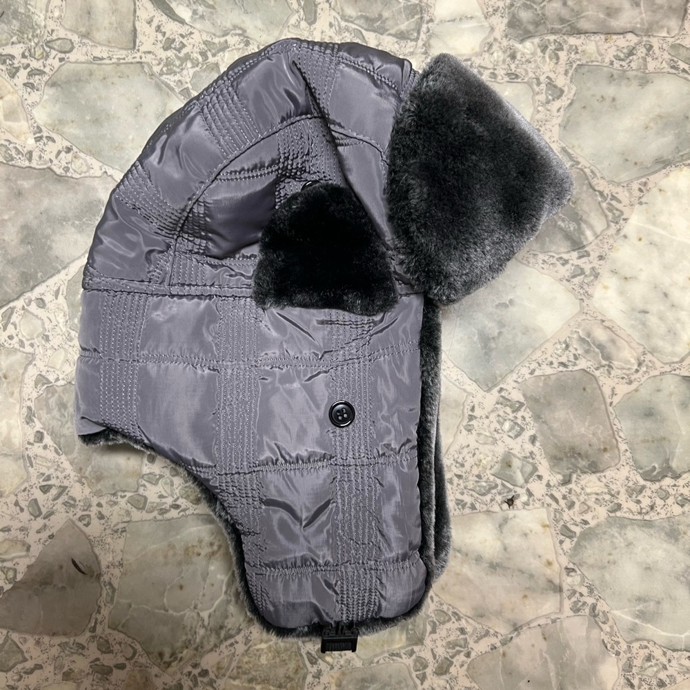 Gray Quilted Trapper Hat with Faux Fur